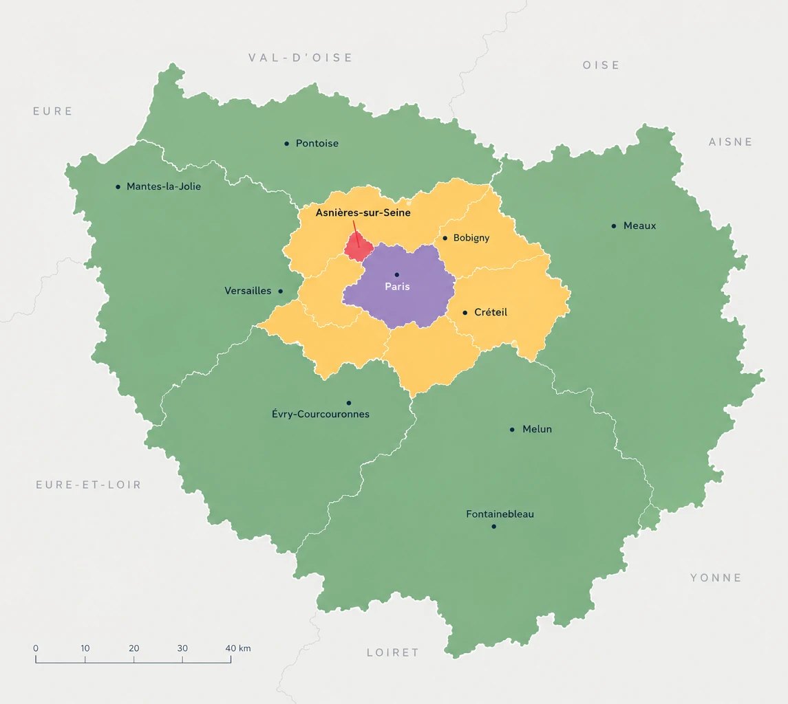 Carte des zones d'intervention de KEY STUDIO en Île-de-France : Asnières-sur-Seine et ses communes voisines en rouge, Paris en violet, la proche couronne en jaune, le reste de l'Île-de-France en vert.